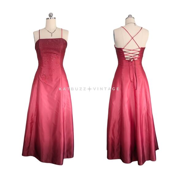 Y2K Prom Dress Maxi Gown M Red Ombre Vintage Corset Bead Whimsigoth Princess 90s - Picture 1 of 9